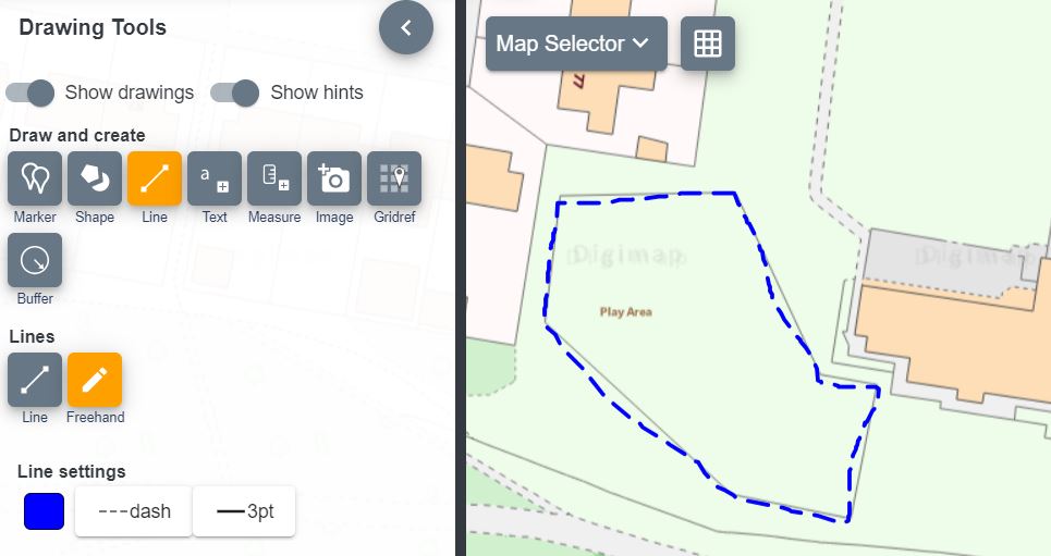 Draw line option, with red line drawn on map